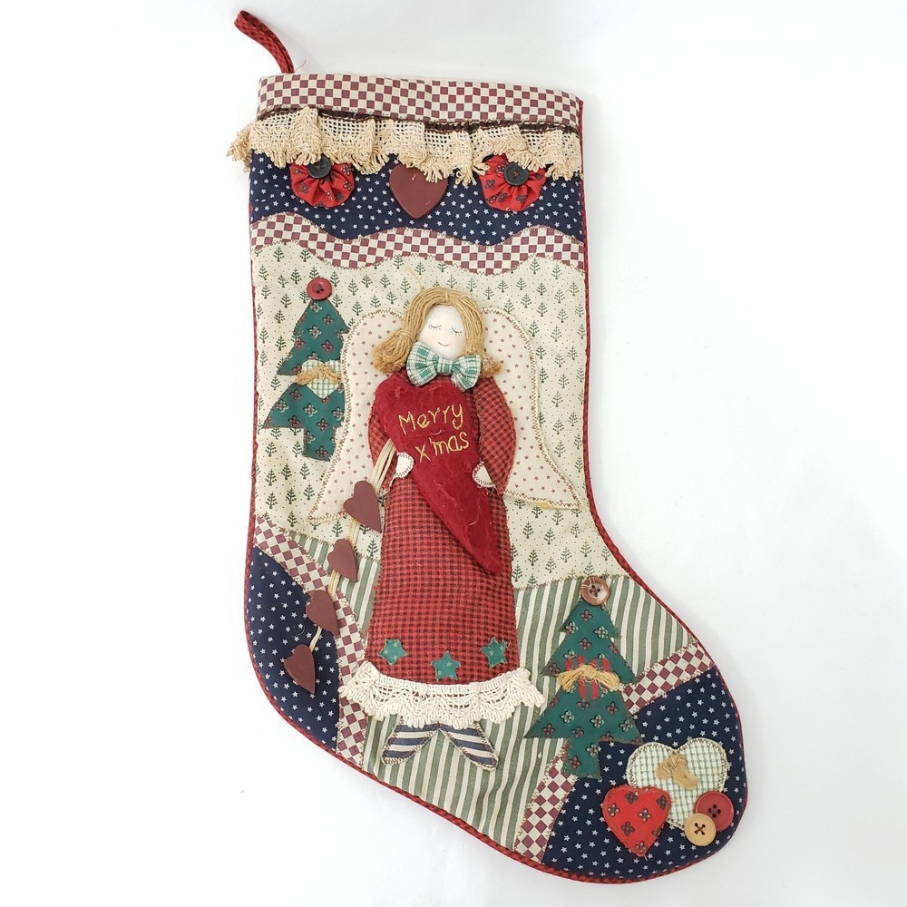 Vintage Angel Primitive Quilted Patchwork Christmas Stocking 18 Inch Merry X'Mas